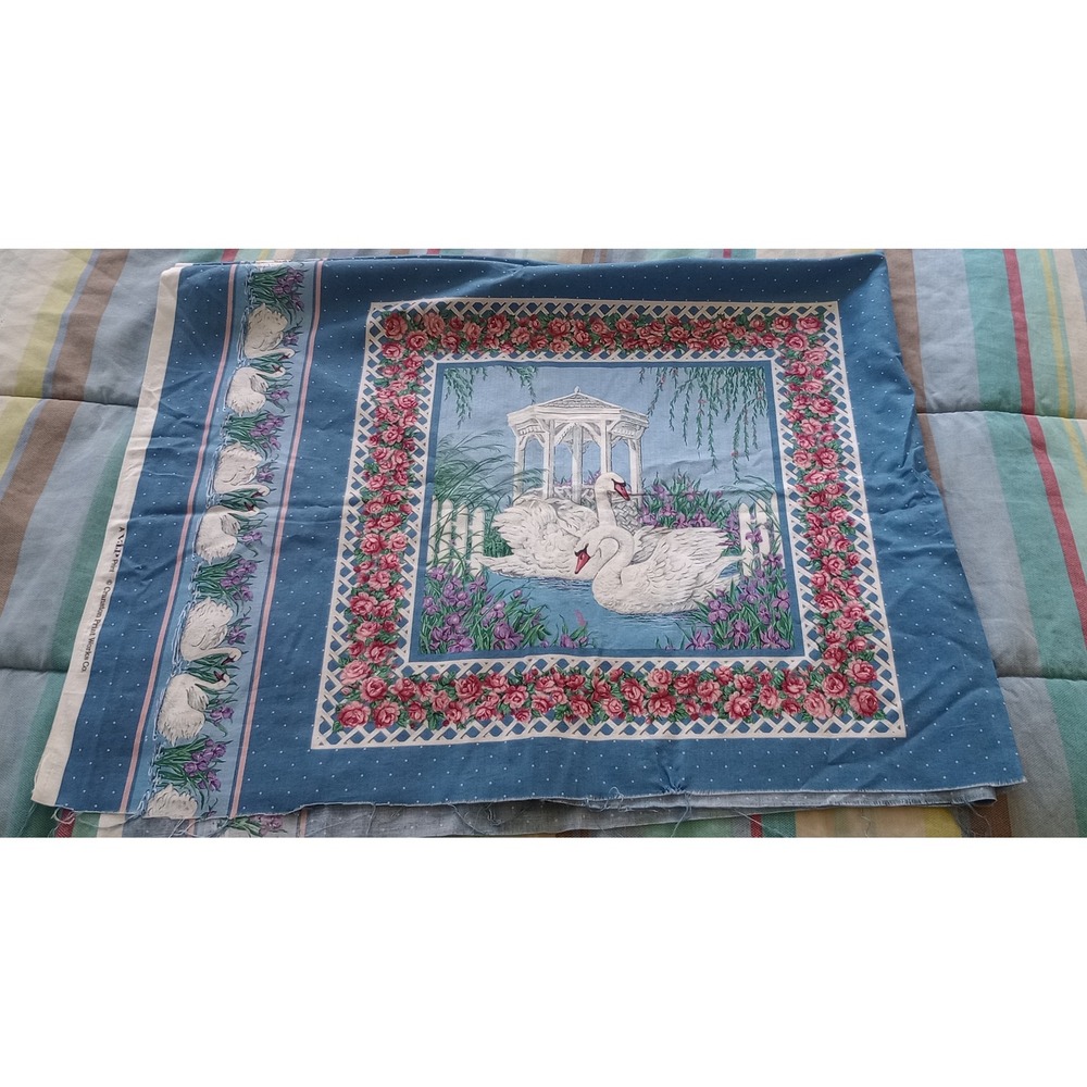 Vintage VIP Print Cranston Print Works Swan Gazebo Rose Fabric Panel 44"x35"